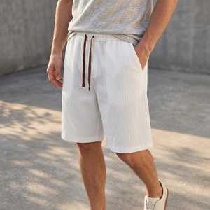 Men's Solid White Cotton Bermuda <b>Shorts</b> Elastic Waist Casual Pockets Breathable <b>Woven</b> Fabric Mid Rise - Product Image 1