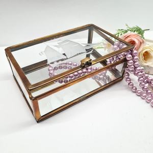 glass jewelry box 3 compartment gold brass frame hinged lid trinket holder keepsake display <b>ring</b> earring <b>storage</b> mirrored bottom - Product Image 5