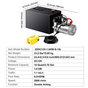 Pompa Idraulica a Doppio Effetto da 15 Quarti per Rimorchi, Flusso 0,91 GPM, Pressione Massima di Scarico 3200 PSI - Product Image 5