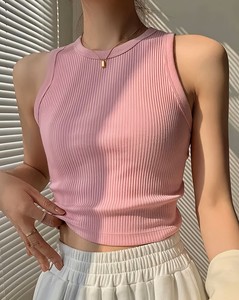 Camiseta sin mangas elegante y casual para mujer, con cuello redondo, transpirable, para verano, con logo frontal, elasticidad moderada, color liso - Product Image 1