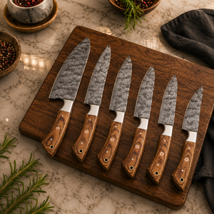 Ensemble de couteaux de chef en acier Damas sur mesure, 5 pièces, couteaux de cuisine professionnels avec manches en bois d'olivier, usine OEM ODM - Product Image 5