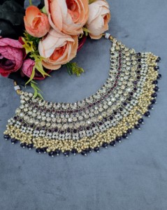 Heavy Ethnic CZ Studded Bridal Choker <b>Set</b> With Pearl Drop Accents Matching Earrings & Mangtika Antique Gold Plated <b>Jewellery</b> <b>Set</b> - Product Image 2