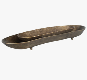 Bandejas decorativas artesanales de latón ranurado, cuencos rústicos industriales con base, cuencos metálicos texturizados con base tipo canoa - Product Image 3