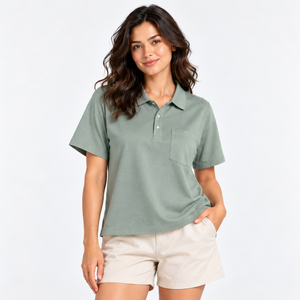 T-shirt décontracté pour femme vert sauge en coton/polyester/élasthanne, respirant, doux, jersey, avec poche, manches courtes – Fournisseur en gros - Product Image 1