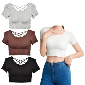 เสื้อครอปแขนสั้นคอไขว้สีเทาสำหรับผู้หญิง เสื้อโยคะระบายอากาศได้ดี สีพื้น ผ้าสแปนเด็กซ์ผสมคอตตอน - Product Image 6