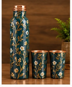 Artistic Decor Copper Water <b>Flask</b> with Copper Lid and <b>2</b> <b>Cups</b> Set Teal Gold Travel Drinkware - Product Image 4