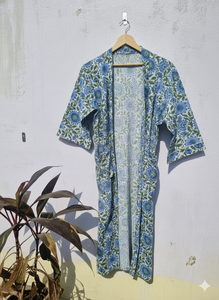 Robe Kimono en Coton Bleu à Motifs Floraux pour Femme, Peignoir Léger Bohème, Robe de Plage Kimono d'Été, Tenue d'Intérieur - Product Image 2