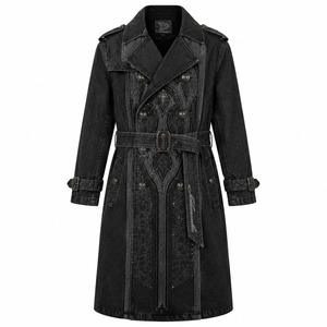 Manteau trench en jean noir délavé surdimensionné style gothique pour homme, long, croisé, avec ceinture, style grunge streetwear - Product Image 2