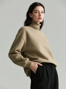 Womens Beige Oversized <b>Mock</b> <b>Neck</b> Sweatshirt Premium Heavyweight Fleece Long Sleeve Pullover Minimalist Casual <b>Top</b> - Product Image 3