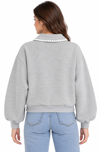 Blouson Bomber en Polaire Gris Clair Premium pour Femme avec Col Contrastant Élégant et Bordure de Poche, Manches Longues, Fermeture Éclair sur le Devant - Product Image 3