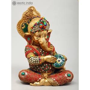 Juego de cuatro estatuas de latón Ganesha musicales de 12 "Esculturas de trabajo con incrustaciones de diseño intrincado - Product Image 4