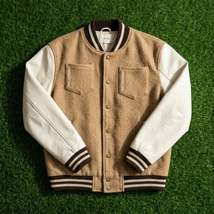Veste bomber en laine marron pour homme, manches en cuir crème, boutons pression, personnalisable OEM ODM, vente en gros - Product Image 5