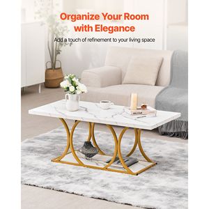 Tavolino da Caffè Moderno a 2 Livelli in Finto Marmo con Gambe Geometriche in Metallo, Robusto e Minimalista - Product Image 2