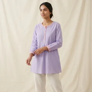 <b>Women</b> Lavender Cotton <b>Kurta</b> Round Neck Long Sleeve Loose Fit Midi Casual Ethnic Daily Wear India Pakistan Style - Product Image 4