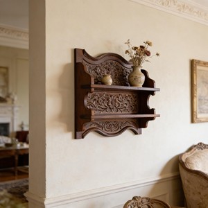 Hand-Carved Indian Rosewood Floating <b>Shelf</b> | Floral Relief Wall <b>Shelf</b> Wholesale - Product Image 2