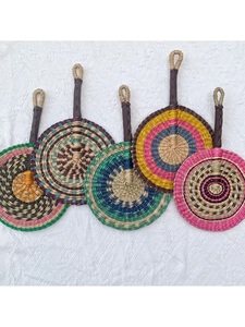 Luxury Handwoven Round Straw Hand Fan Colorful Concentric Ring Pattern Eco Friendly <b>Boho</b> <b>Wall</b> <b>Hanging</b> Decor Art Set Pack - Product Image 5
