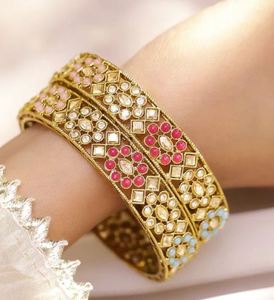 Rhodium Plated Brass Bangles Crystal Rhinestone Imitation Pearl Inlay Geometric Pattern Traditional Ethnic Wedding Jewelry - Product Image 2
