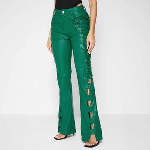 Pantalones de Cuero Personalizados para Mujer, Corte Ajustado Verde con Cordones, Cintura Alta, Tallas Grandes, Transpirables y a la Moda - Product Image 1