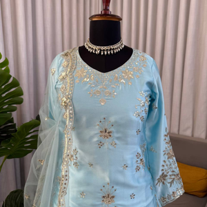 Conjunto de Vestido Salwar Kameez Azul Claro Bordado, Ropa Pakistaní con Cuentas Florales, Vestido Indio para Bodas y Fiestas - Product Image 1