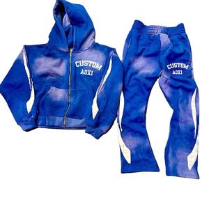 Pantalon de survêtement en coton polaire vintage épais avec impression de décoloration 100% coton French Terry Distressed Hoodie Men Tracksuit - Product Image 4