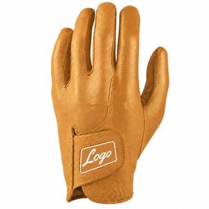 Gant de golf en cuir véritable, pour main droite et gauche, à doigts entiers, à enfiler, unisexe, couleur beige, avec patch logo, camel, marron. - Product Image 1