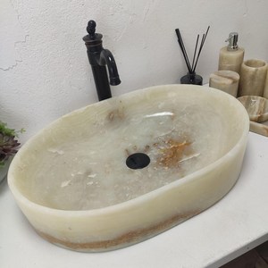 Lavabo Ovalado de Ónix Verde Claro, Lavabo de Piedra Natural con Acabado Cepillado, Resistente al Fuego, Garantía de 5 Años, Moderno, para Cocina y Comedor - Product Image 3