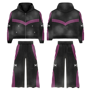 2025 High Quality Distress Hoodie and Sweatpants Set Suit Vintage <b>Zip</b> up Tracksuit Custom Sweat Flare Pant Acid Wash Men's - Product Image 1