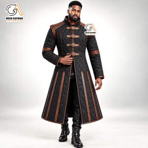 Premium <b>Men's</b> Quilted Medieval Gambeson <b>Coat</b> Renaissance Trim Belted <b>Long</b> Jacket with Front Logo Windproof & <b>Waterproof</b> - Product Image 1