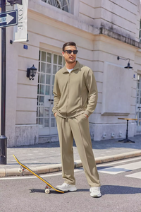 Men's Khaki <b>Tracksuit</b> Set Full Sleeve Zipper Casual Sweatshirt Pants Solid Color Breathable <b>Polyester</b> Cotton Autumn Wear - Product Image 5