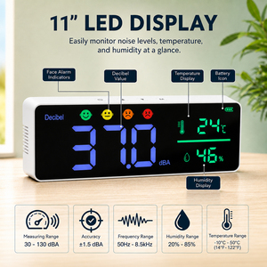 เครื่องวัดระดับเสียง LED ขนาด 11 นิ้ว บันทึกข้อมูล 30-130 เดซิเบล เครื่องตรวจสอบเสียง แสดงอุณหภูมิและความชื้น บันทึกได้ 4,000 รายการ สำหรับบ้านและสำนักงาน - Product Image 6
