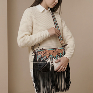 Handmade Western Cowhide Fringe Sling Bag Tooled Leather Crossbody Boho Tassel <b>Purse</b> Vintage Turquoise Accent Hair On Hide Bag - Product Image 2