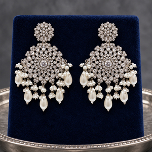 Silver Plated Clear Stone Floral Chandelier Earrings with Faux Pearl Drops <b>Pakistani</b> Bridal <b>Jewelry</b> Wholesale Manufacturer - Product Image 4