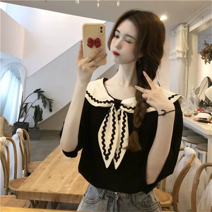 เสื้อฮู้ดผู้หญิง คอปกกะลาสี เสื้อยืดผู้หญิงทรงหลวม สไตล์น่ารัก เสื้อผ้าแบบต่อผ้า ดีไซน์เนอร์มืออาชีพ เสื้อฮู้ดสไตล์มินิมอล - Product Image 6