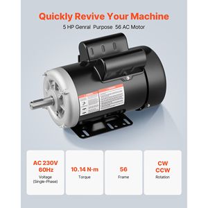 Motor Eléctrico de 5 HP, 3450 RPM, Motor para Compresor de Aire, Rotación CW/CCW, Diámetro del Eje de 0.875'', Longitud del Eje de 2.25'', Torque de 10.14 N.m, 60Hz - Product Image 2