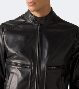 Blouson moto homme en cuir véritable noir, col montant, fermeture éclair, coupe ajustée, style automne, design personnalisé, fournisseur en gros - Product Image 3
