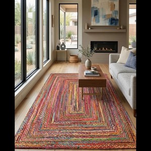 Alfombra Bohemia Trenzada Rectangular a Rayas Multicolor de Hilos Reciclados de Pelo Corto para Decoración de Sala de Estar, Lavable y Reversible - Product Image 5