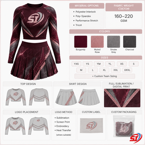 Tenue de cheerleading All Star personnalisée à manches longues pour femme, ensemble de compétition avec jupe plissée bordeaux marbré Apex, vente en gros - Product Image 3