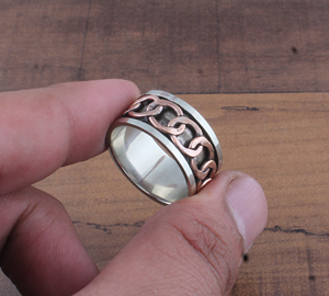 925 Sterling <b>Silver</b> <b>Spinner</b> <b>Ring</b> Handmade Curb Copper Chain Fidget <b>Ring</b> for Anxiety Meditation Band Two Tone Jewelry Wholesale - Product Image 4