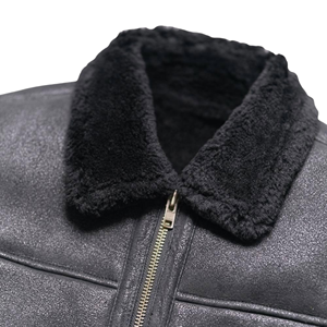 Black <b>Shearling</b> Leather <b>Bomber</b> <b>Jacket</b> Mens Genuine Sheepskin Winter Aviator V-neck Zipper Closure Vintage Coat - Product Image 5