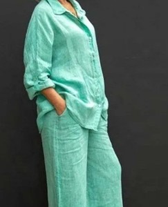 Women Linen <b>Blazer</b> <b>Set</b> Solid Color Loose Fit Two Piece Pantsuit Casual Office Wear - Product Image 2