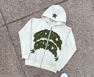 Sweat-shirt à capuche zippé Broken Order pour homme, grande taille, blanc, avec appliqué étoile, fermeture éclair intégrale - Product Image 1