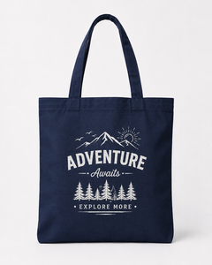 Bolsa de Lona Azul Marino AMANI de 16x14 Pulgadas con Estampado 'Adventure Awaits' y Asas con Correa para el Hombro para Uso Diario y de Viaje - Product Image 1