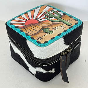 Organizador de Joyas de Cuero de Vaca Pintado a Mano con Diseño de Cactus y Amanecer, Estilo Occidental, Mini Estuche Portátil para Joyas, Expo Marzo 2026 - Product Image 4