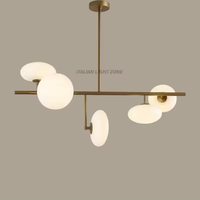 Lustre Sputnik Premium 5 lumières, style Mid-Century, en laiton brut avec globes en verre, suspension LED rétro, hauteur réglable, haute luminosité, pour salle à manger
