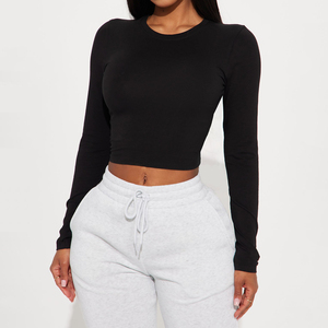 New High Sexy Quality Solid Slim Fit Yoga Sports <b>Top</b> Gym Workout Full Sleeve Crop <b>Top</b> Women Autumn Jersey 180g Women Crop <b>Tops</b> - Product Image 1