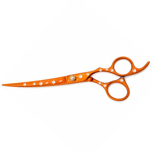 Ciseaux de coiffure professionnels orange en acier inoxydable, lames affûtées, pour droitiers, manche long, motif empreinte de patte - Product Image 6