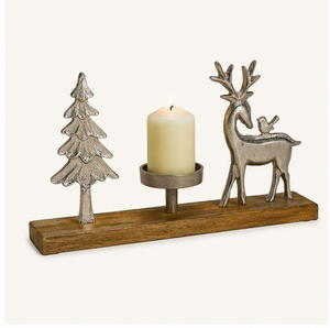 Handmade Silver Aluminum Reindeer Christmas <b>Tree</b> Candle Holder Natural Wood Base Modern Eco-Friendly Festive Holiday <b>Tabletop</b> - Product Image 2