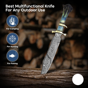 Cuchillo Bowie Recto de Acero de Damasco de Alta Calidad para Caza al Aire Libre, Mango de Hueso de Camello, Guarda de Latón, Logotipo OEM/ODM, Funda de Cuero - Product Image 5