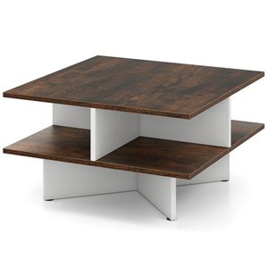 Tavolino da Salotto Durevole a 2 Livelli con Design Quadrato, Tavolo Laterale in Legno con 4 Scomparti Portaoggetti, Materiale in Vetro e Pietra Sinterizzata - Product Image 2