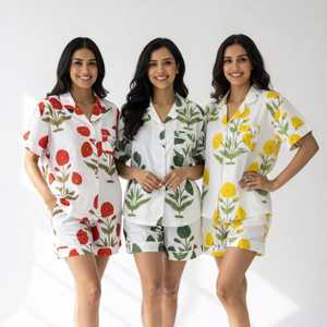 Ensemble de pyjama court en coton floral pour l'été, imprimé indien, vêtements de nuit à manches courtes, imprimé à la main, vêtements de détente doux et respirants - Product Image 5